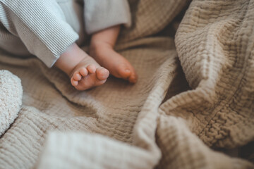 Feet of a newborn baby in a cradle close-up