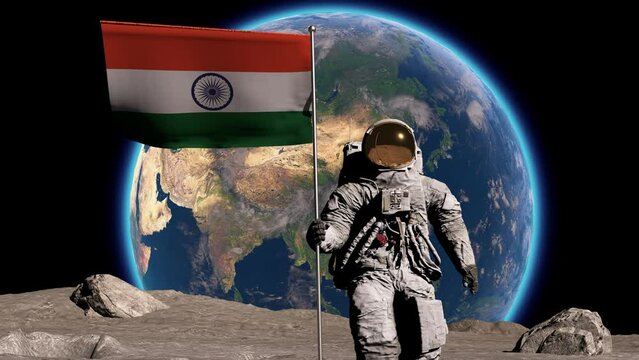 Lunar astronaut walks on the moon with Indian flag, sticks it into the lunar surface, and salutes. Some Elements of this video furnished by NASA.