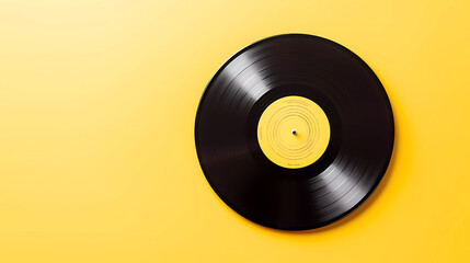 Vinyl record on a yellow background flat lay with editorial space.  