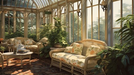 Conservatory , An elegant glass-walled room filled with lush, tropical plants, and sophisticated wicker furniture