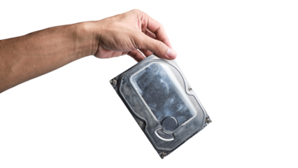 Hand-holding computer storage isolated on a transparent background