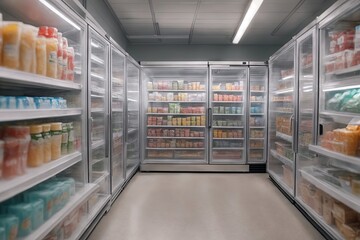 Warehouse freezer. Refrigeration chamber for food storage - obrazy, fototapety, plakaty