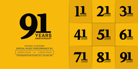 set of anniversary logo with black number on yellow background can be use for celebration