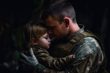 Fototapeta premium Brave soldier tenderly holds a small child in their arms