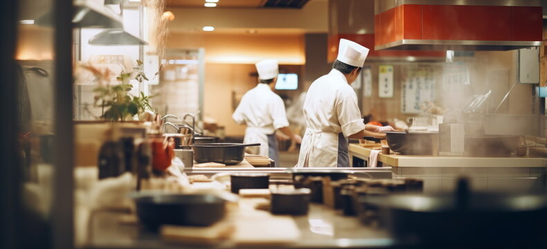 Busy Japanese restaurant. staff in motion. hand edited generative AI. 
