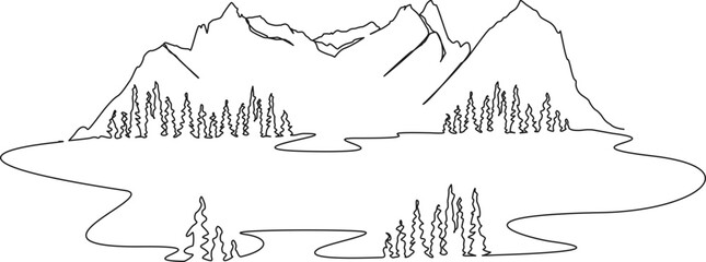 continuous single line drawing of beautiful mountain landscape with lake, line art vector illustration