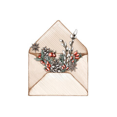 Offener Briefumschlag mit weihnachtlicher Dekoration aus Naturmaterialien
