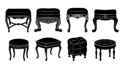 .Set of silhouettes of various ottomans. Isolated objects on a white background. Retro interior. Vector illustration.