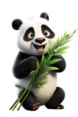 Panda, cartoon character, holding bamboo, white background isolated PNG