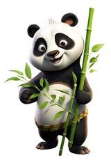 Panda, cartoon character, holding bamboo, white background isolated PNG