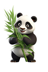 Naklejka premium Panda, cartoon character, holding bamboo, white background isolated PNG
