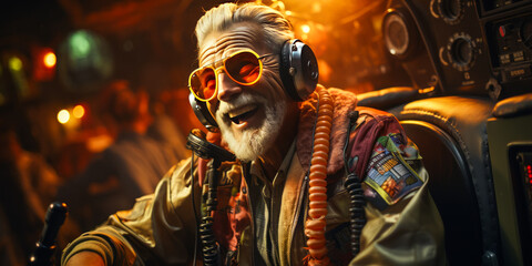 Captivating portrait of an aviation enthusiast in bomber jacket and aviator sunglasses, excitement encapsulated against a vintage jet fighter backdrop under contrasting spotlights.