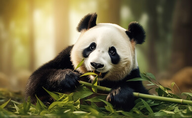 Obraz premium Giant panda eating bamboo. Habitat loss concept.