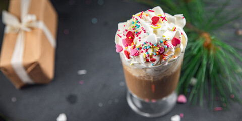 christmas hot chocolate with whipped cream sweet dessert drink holiday treat new year and christmas celebration meal food snack on the table copy space food background rustic top view