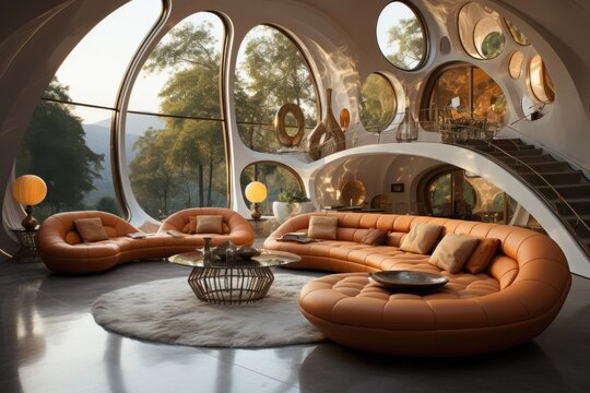 Futuristic interior of living room pastle and gold color combination highly texture