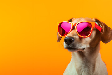 Cute funny dog wearing sunglasses on color background.