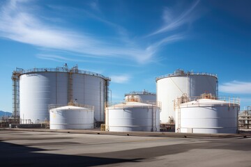 Tank farm with rows of oil storage tanks.