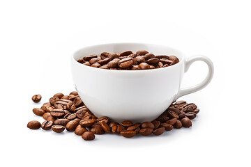 White mug of coffee beans on white background. Generative AI