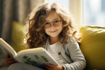Smart child reads a book at home.