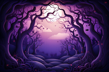 Halloween background with castle, graveyard and bats in purple background. Vector illustration.