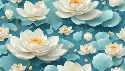 Lotus fresh field Spring flowers on pastel blue background Beautiful white bloomed flowersFlat lay