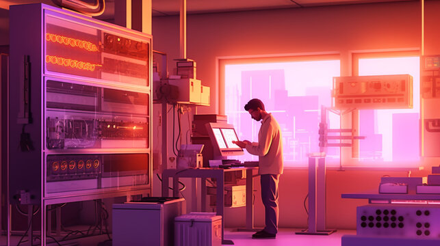 Illustration Of A Contemporary Mechanical Testing Laboratory With A Technician At Work. The Lighting In The Laboratory Is Coordinated With The Needs Of The Test To Be Performed.