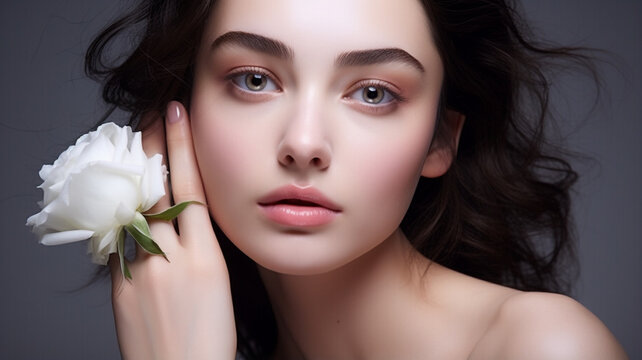 Photo of a beautiful blue-eyed woman holding a white rose against a dark background, cosmetics shots, advertising photos for the beauty industry.