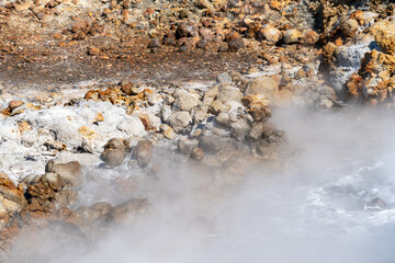 Close up of the Gunnuhver Hot Springs geothermal area, part of the Reykjanes UNESCO Global Geopark in Iceland