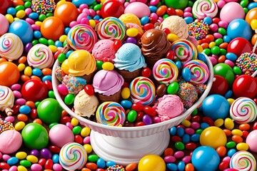 Fototapeta na wymiar ein bunter Eisbecher umgeben von einer Candy-Landschaft und Lollipops