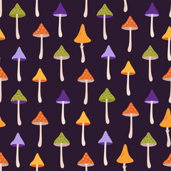 Magic Halloween seamless pattern with colorful mushrooms in black background. Poisonous ingredients for witch potion.