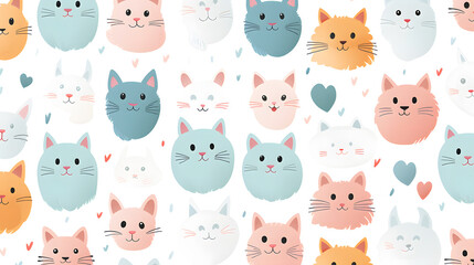 Seamless colourful cartoon pattern with cute cats and hearts in pastel colour