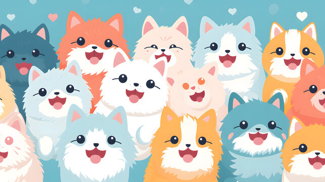 Seamless colourful cartoon pattern with cute cats and hearts in pastel colour
