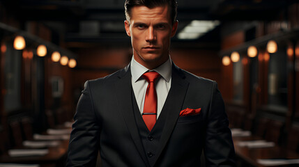 Portrait of a handsome man in a black suit and red tie.