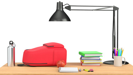 3D rendering illustration of a red backpack and books on student desk
