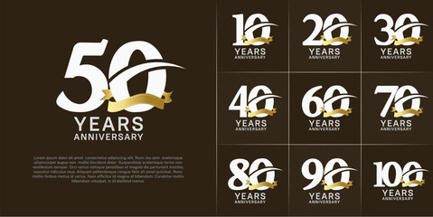 set of anniversary logo with white number and golden ribbon can be use for celebration