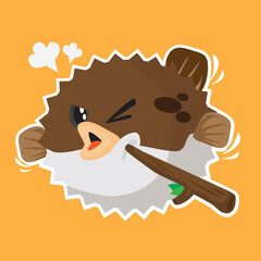 A cute puffer fish been poked by a wooden stick © Chong