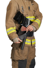 Anonymous male fireman pulling hammer from black leather holster. Crop view of firefighter in...