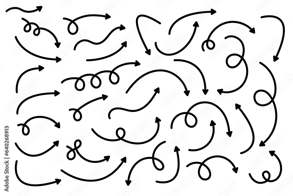 Wall mural curved arrows. set of vector hand drawn zigzag arrows. collection of pointers. vector illustration.