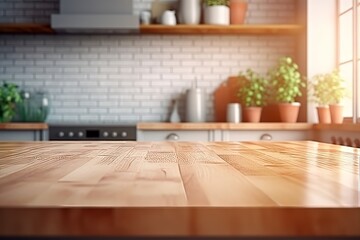 3D Desk of free space and kitchen interior blur backgroun generative ai