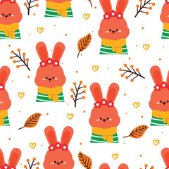seamless pattern cartoon bunny, leaves and autumn vibes element. cute autumn wallpaper for holiday. design for fabric, flat design, gift wrap paper 