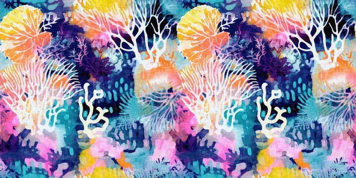 Tropical modern coastal pattern clash fabric coral reef border print for summer beach textile designs with a linen cotton effect. Seamless trendy underwater kelp and seaweed ribbon edge background