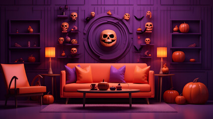 Interior of purple and orange living room with comfortable sofa and pumpkin decro. 3d rendering