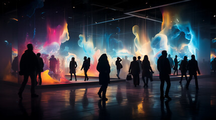 Fototapeta na wymiar The atmosphere exhibition neon colorful lighting with people silhouette