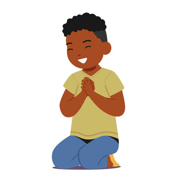 Young Child With Closed Eyes And Folded Hands, Deep In Prayer. Little Black Boy Character with Happy Expression