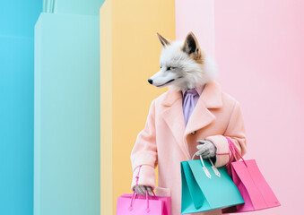 Beautiful fox dressed as an elegant lady returning from shopping with many bags in her hands. Minimalist colorful background, surreal scene with copy space. Generative AI.