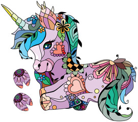 Cute cartoon unicorn with hoof prints. Fantastic animal. Colorful image. For the design of prints, posters, stickers, tattoos.