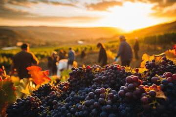 People enjoying harvest of grapes at the warm fall sunset in vineyard countryside 