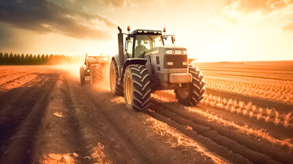 Rural seasonal works on farm land by industrial farming machinery or tractor on nature field at sunset.

