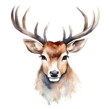 Christmas card with cute watercolor reindeer. Merry Christmas transparent background, PNG, Generative AI