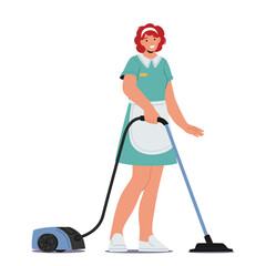 Efficient Maid Effortlessly Maneuvers Vacuum Cleaner, Swiftly Gliding Across Floors, Leaving Behind Pristine Surfaces